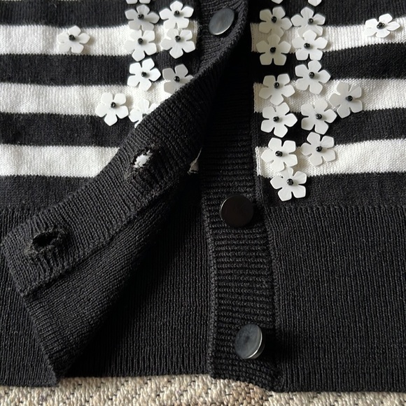 Talbots petites black white striped button down cardigan with flower neckline - Picture 15 of 16